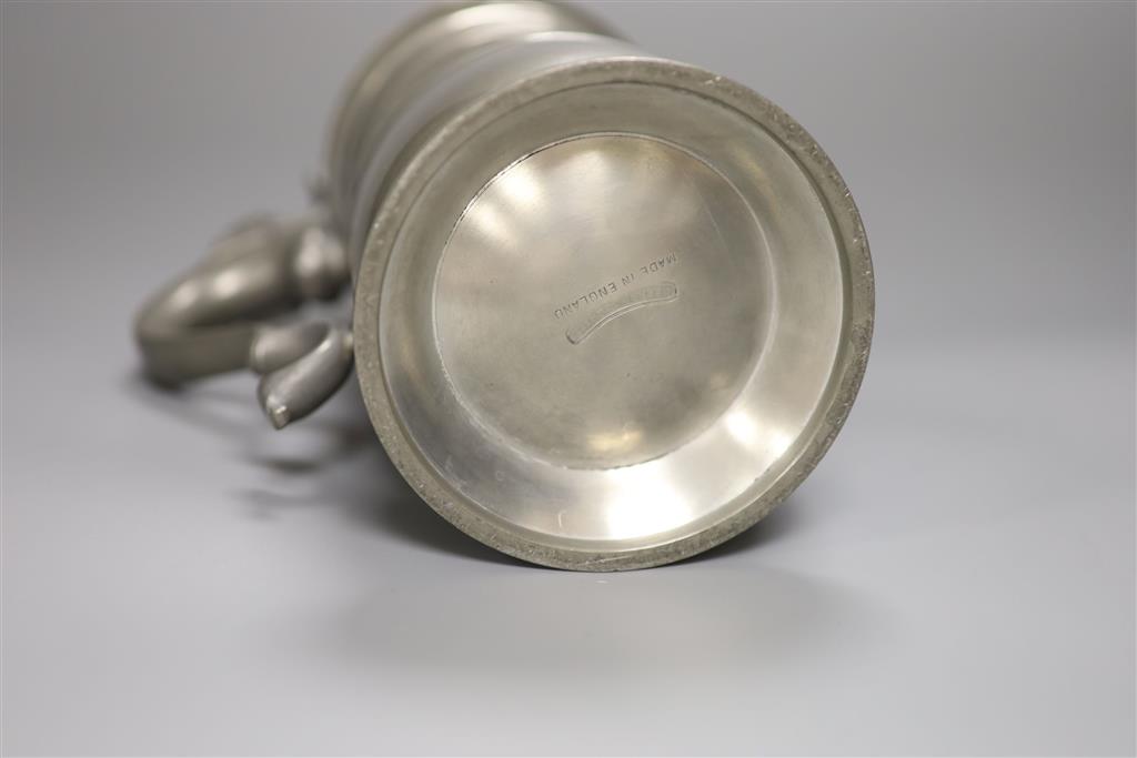 A novelty Alfred Dunhill pewter tobacco caddy, in the form of a lidded tankard, the hinged cover revealing a lidded interior, 22cm high